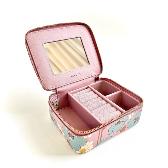 Coach Leather Floral Jewelry Box Zip Pink Purple - Picture 2 of 5